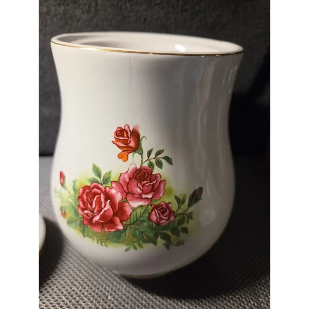 White ceramic lidded jar with hand-painted roses and gold trim 9.5 In